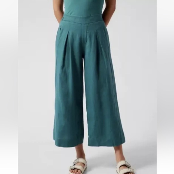 Athleta Playa Linen Wide Crop Borealis Green 100% Linen Zipper Pockets - Picture 4 of 6